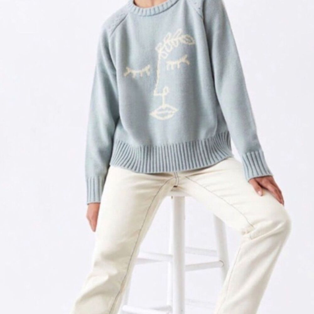 Desert Dreamer PacSun Sage Green Boho Face Cropped Graphic Sweater Sz XS